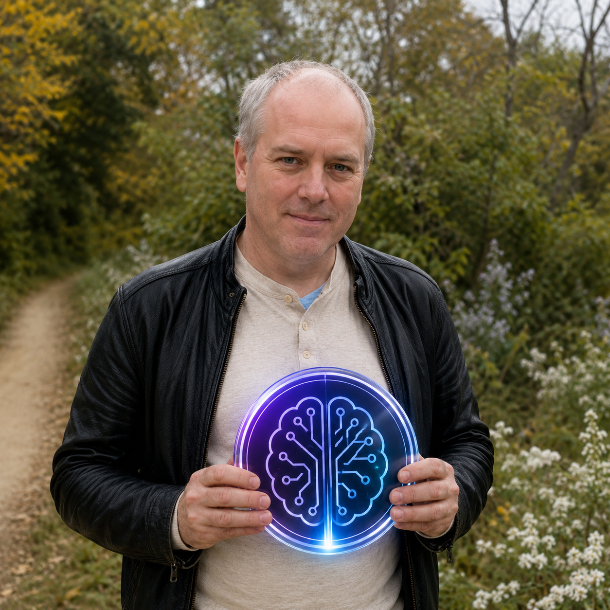 Emile du Toit holding an illuminated AI brain emblem on a hike