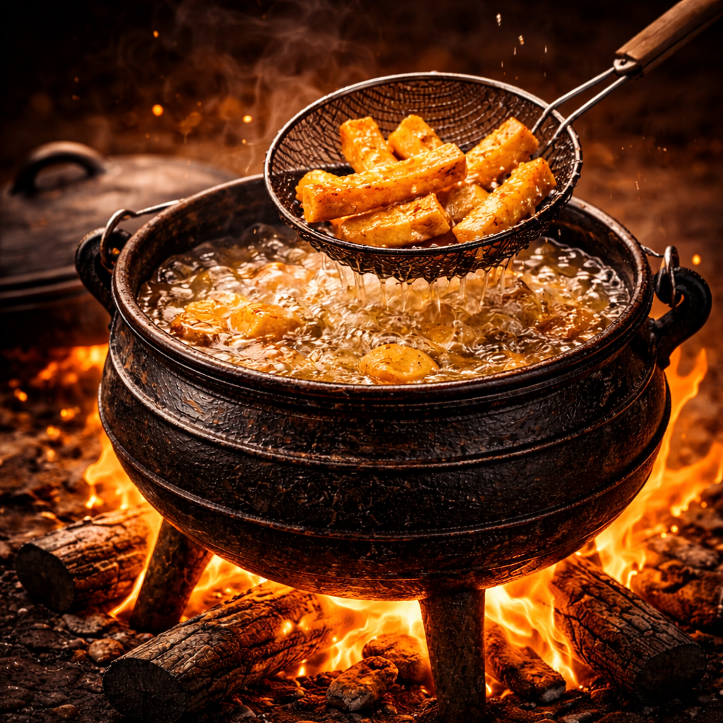 Black pot over fire with fried potatoes